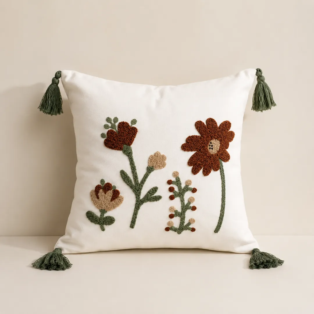 Taie Brodé Fleur Marron