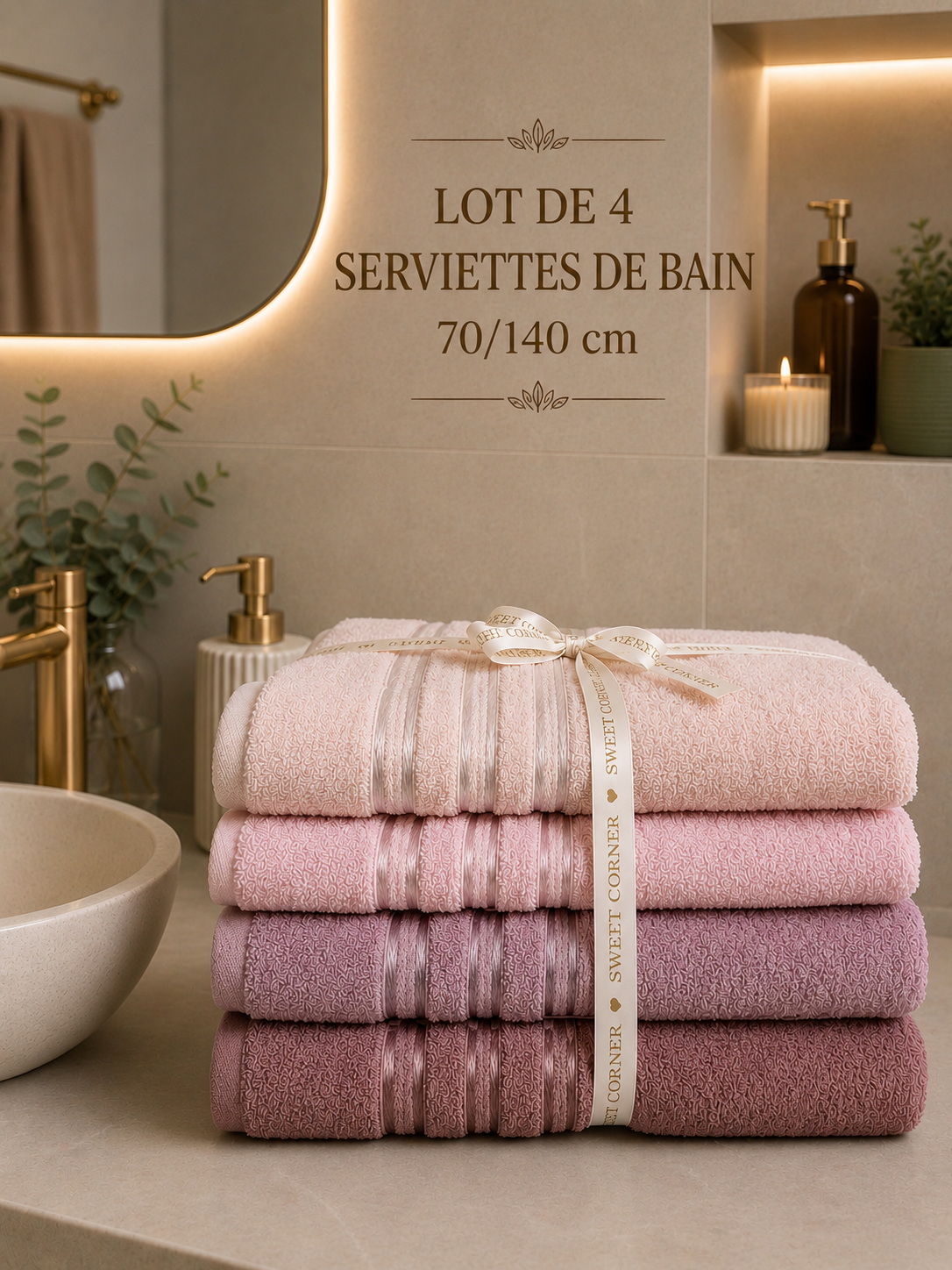 Lot de 4 serviettes de bain Rose 70/140
