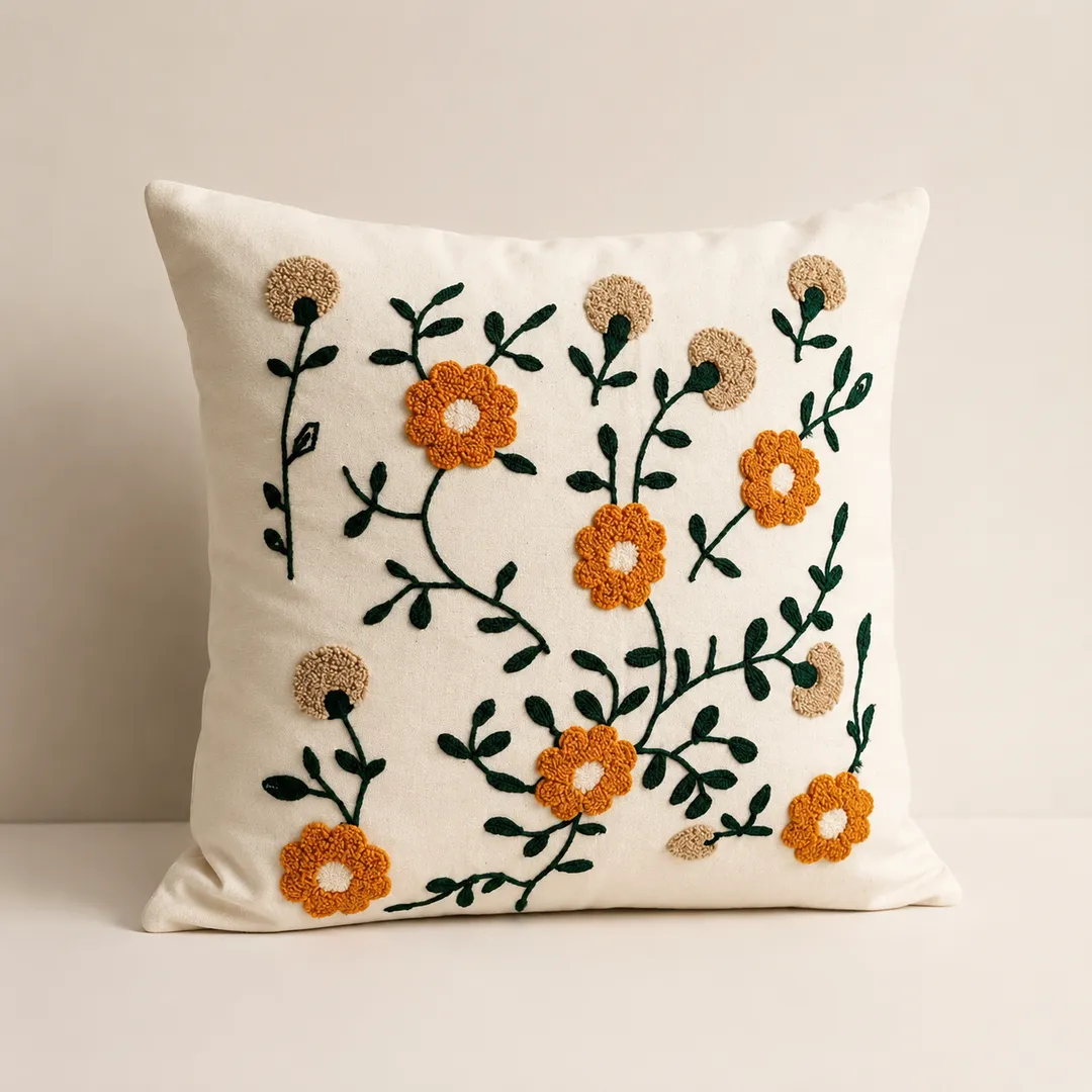 Taie Brodé Fleur Orangée